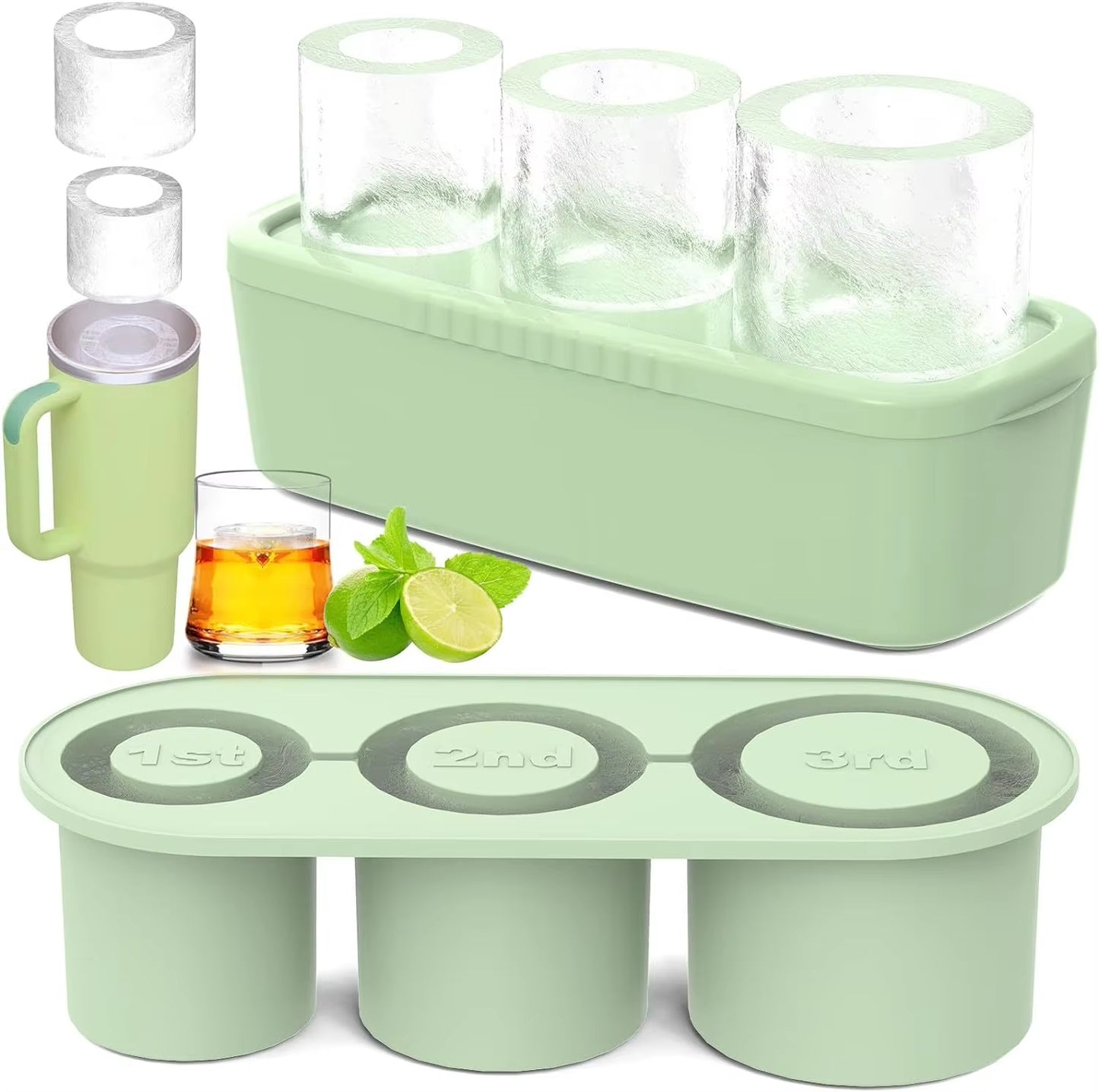 3-Grid Ice Cube Tray for Stanley 30/40 Oz Tumbler Cups Reusable Cylinder Silicone Ice Cube Molds with Lid for Drink Juice Coffee