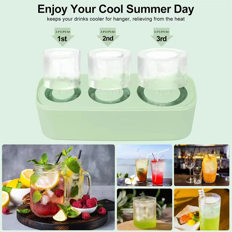 3-Grid Ice Cube Tray for Stanley 30/40 Oz Tumbler Cups Reusable Cylinder Silicone Ice Cube Molds with Lid for Drink Juice Coffee