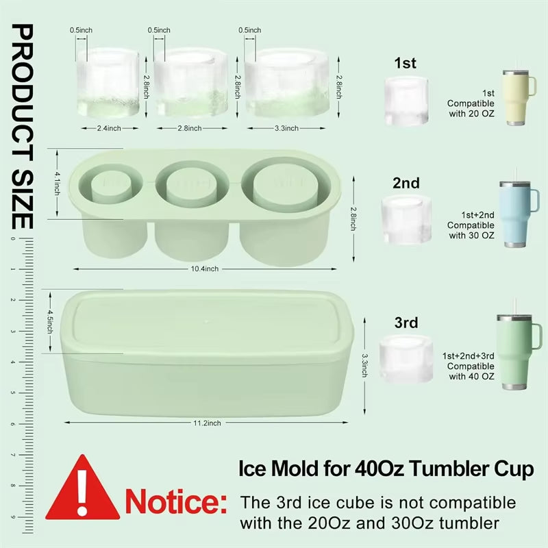 3-Grid Ice Cube Tray for Stanley 30/40 Oz Tumbler Cups Reusable Cylinder Silicone Ice Cube Molds with Lid for Drink Juice Coffee