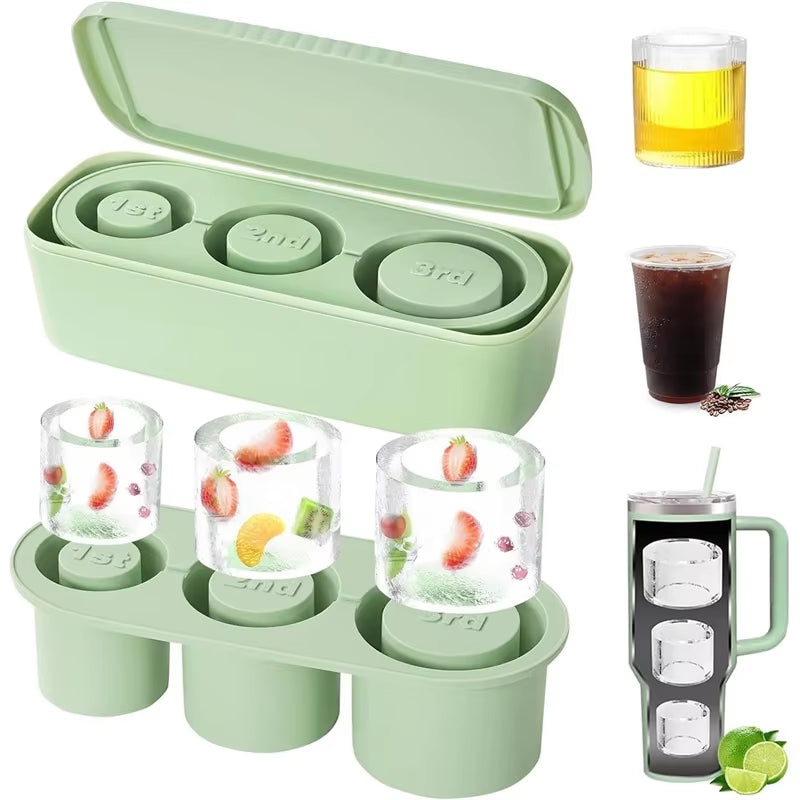 3-Grid Ice Cube Tray for Stanley 30/40 Oz Tumbler Cups Reusable Cylinder Silicone Ice Cube Molds with Lid for Drink Juice Coffee