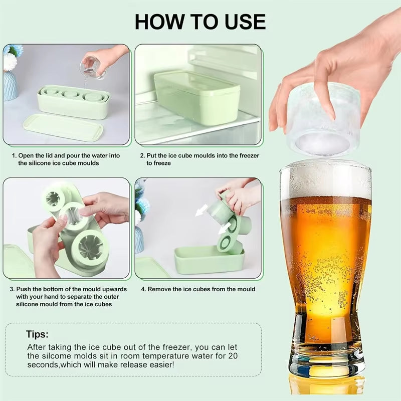 3-Grid Ice Cube Tray for Stanley 30/40 Oz Tumbler Cups Reusable Cylinder Silicone Ice Cube Molds with Lid for Drink Juice Coffee