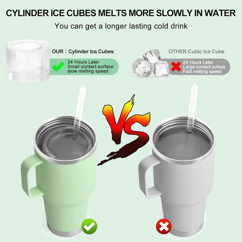 3-Grid Ice Cube Tray for Stanley 30/40 Oz Tumbler Cups Reusable Cylinder Silicone Ice Cube Molds with Lid for Drink Juice Coffee